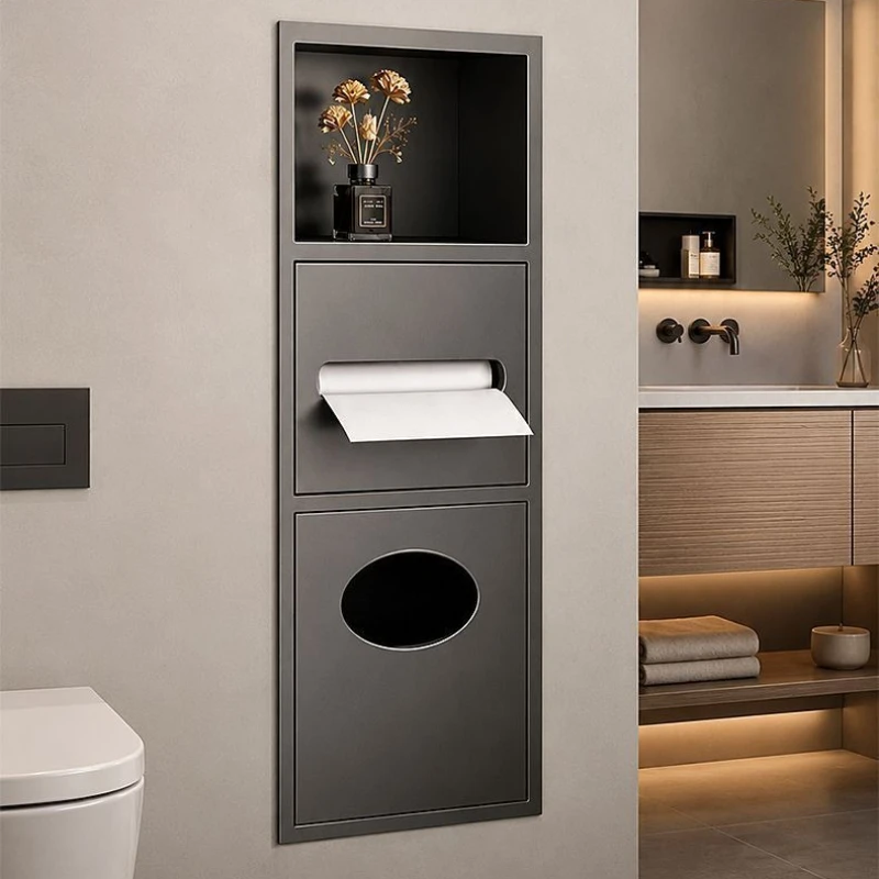 Stainless Steel Wall Niche Tissue Box & Shelf, Recessed Toilet Paper Holder with Trash Bin, Waterproof Easy Clean Bathroom Use
