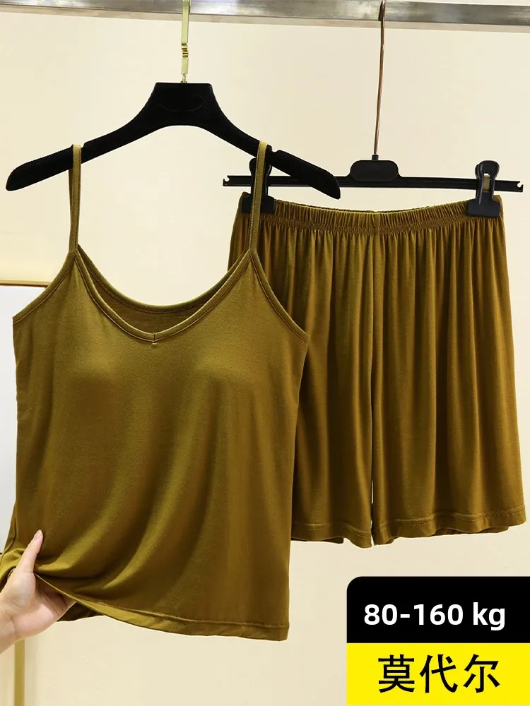Modal Home Cotton Strap Short Pants Set Summer Thin Casual Large Size No Bra Home Clothes V-neck Sleeveless Pure Color