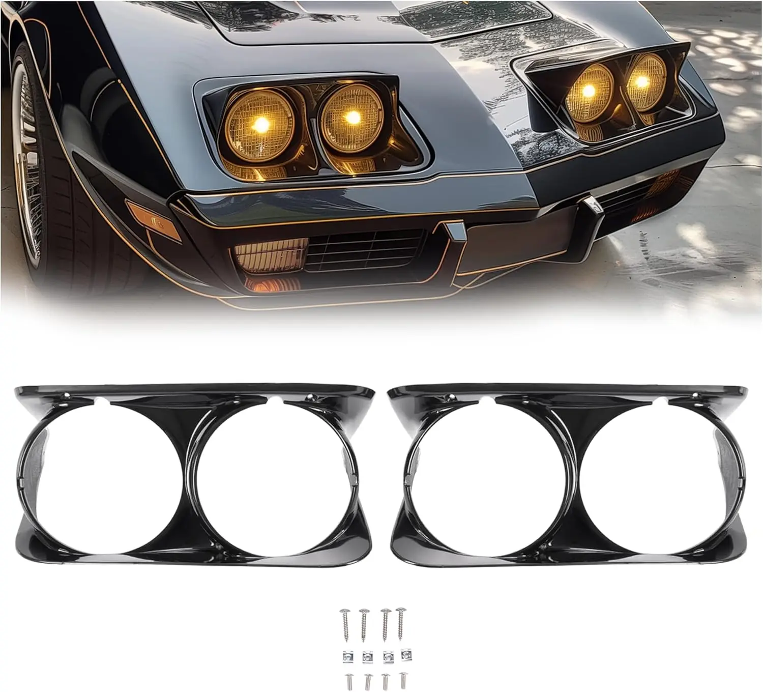 

Pair Headlight Bezel Compatible with 1968-1982 Chevy Chevrolet C3 Corvette Headlamp Cover Plastic (ABS) Black Driver & Passenger