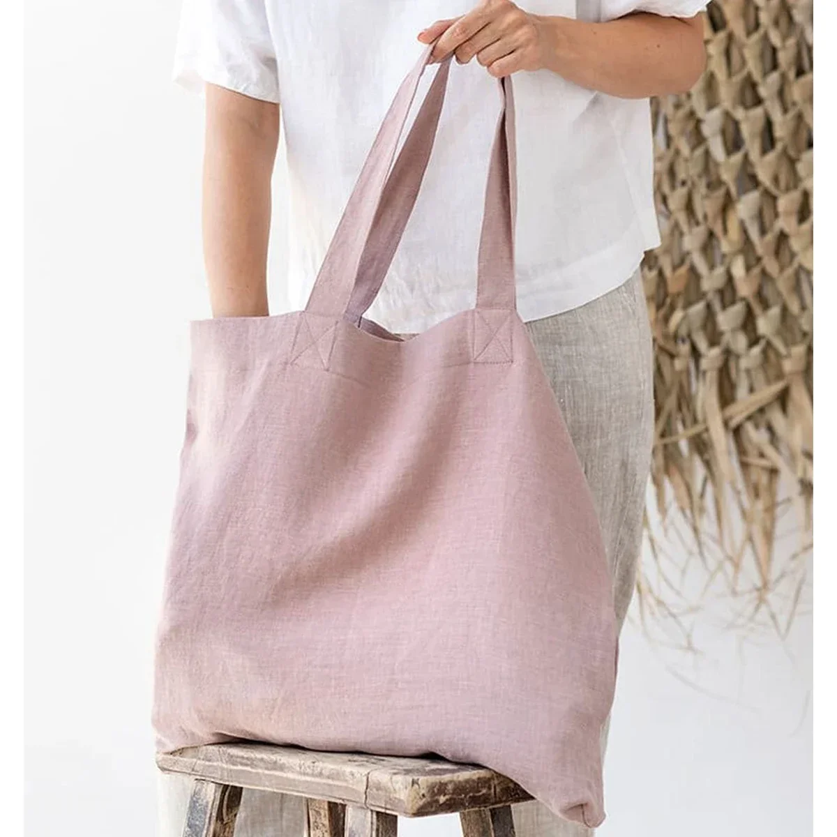 Linen 100% Pure French Dew Retting Hemp Supermarket Environmental Cloth Bag Carrier Foldable Portable Shopping Bag Women Daily