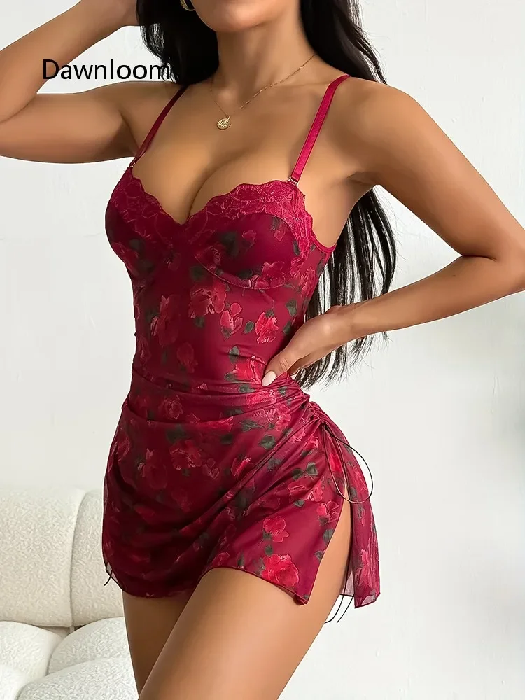 Camisón Corto de Encaje Transparente con Estampado de Rosas Rojas sobre Base Negra Dawnloom, con Tirantes Finos y Cordón Ajustable, para Mujer, Sexy y Romántico