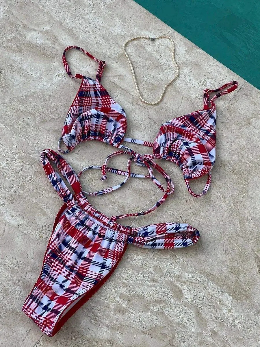 Sexy Red Plaid Micro Bikini 2026 Women Halter Push Up Bra Pleate Thong Swimwear Summer Bathing Suit Holiday Swimsuit Biquini