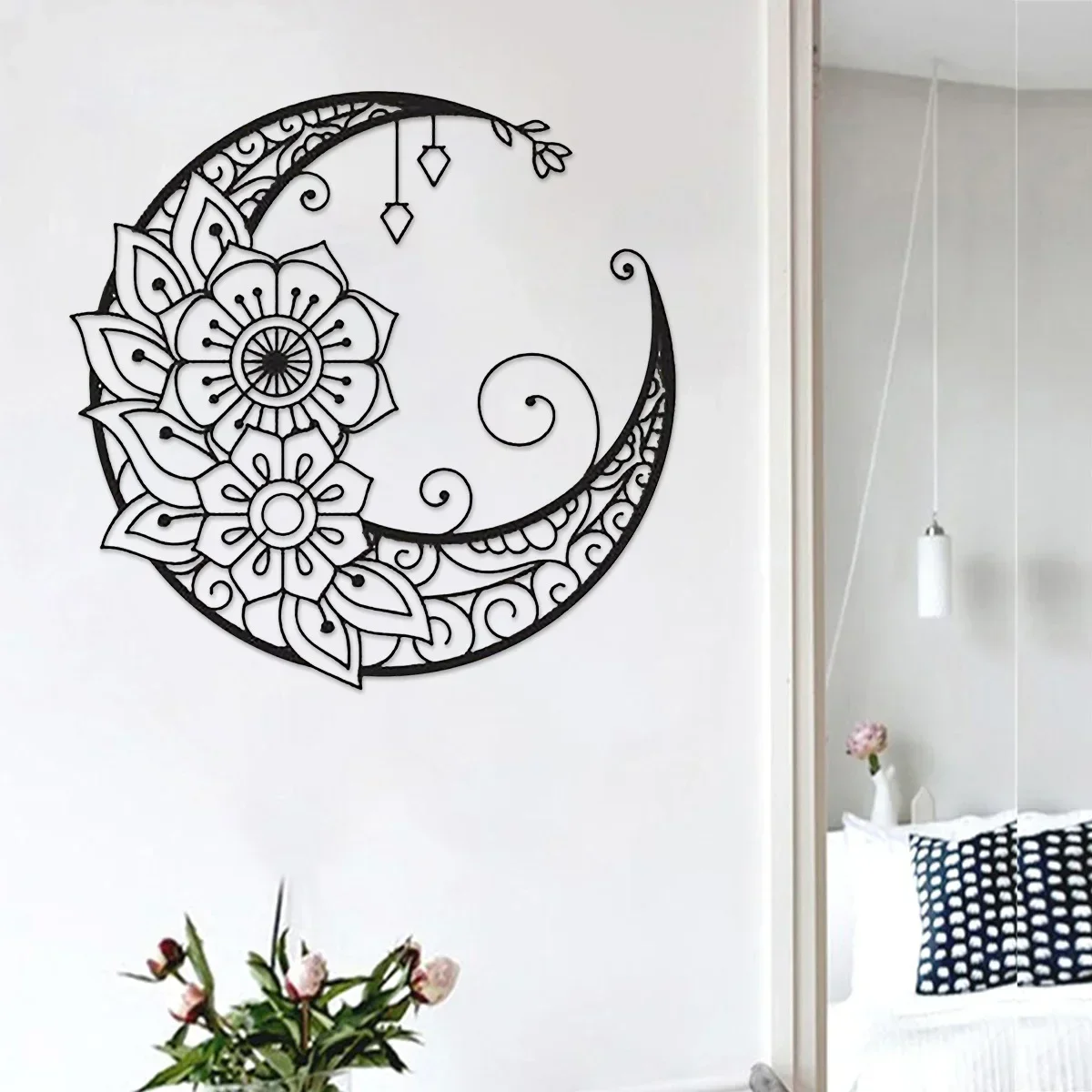 1PCS Mandala Flower Moon Wall Sign Decor 11.81inch Metal Wall Hanging Sign Unique Durable Wall Art Pendant for Home Decoration