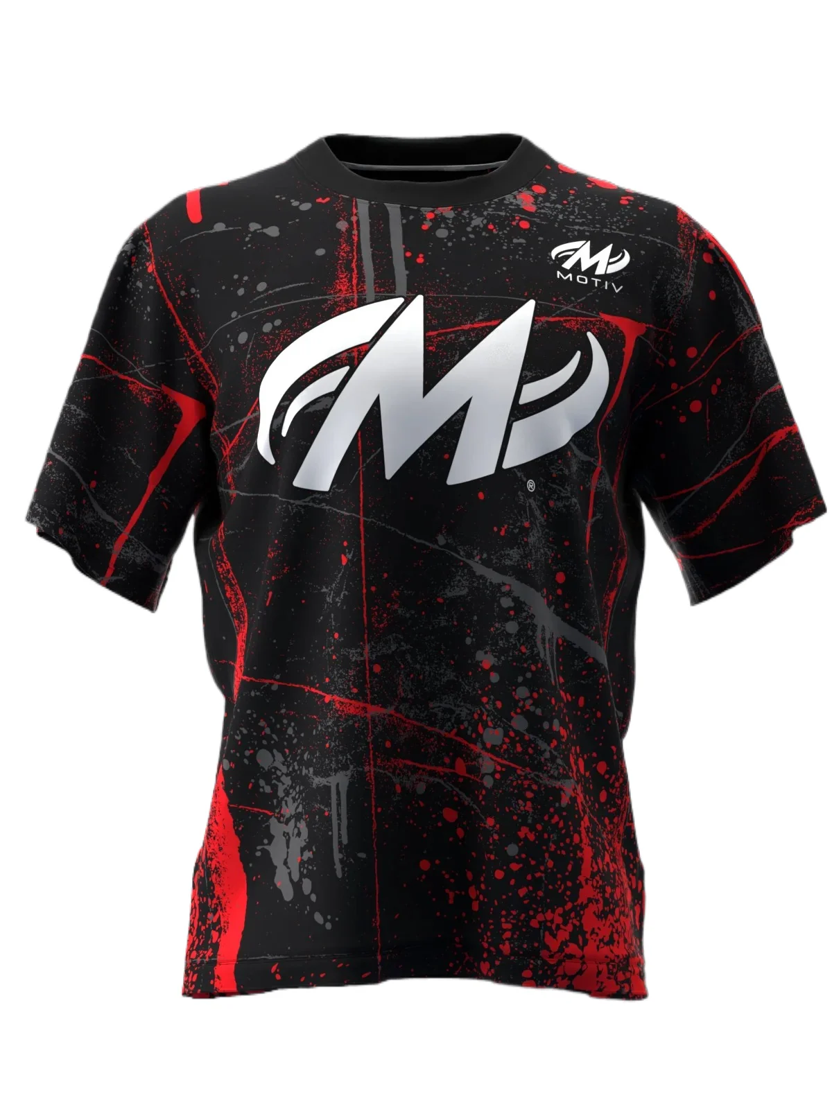 Bowling Jersey, Quick Dry Breathable, Dynamic Red Splash Texture with M Letter Print, Relaxed Cut for Casual City Outings
