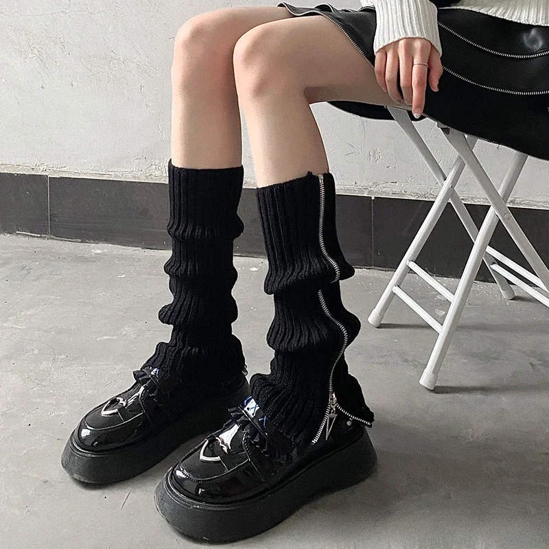 2025 women's knitted socks are versatile, metal wind, zipper, socks, leg covers, black calf stacking socks jk medium tube socks