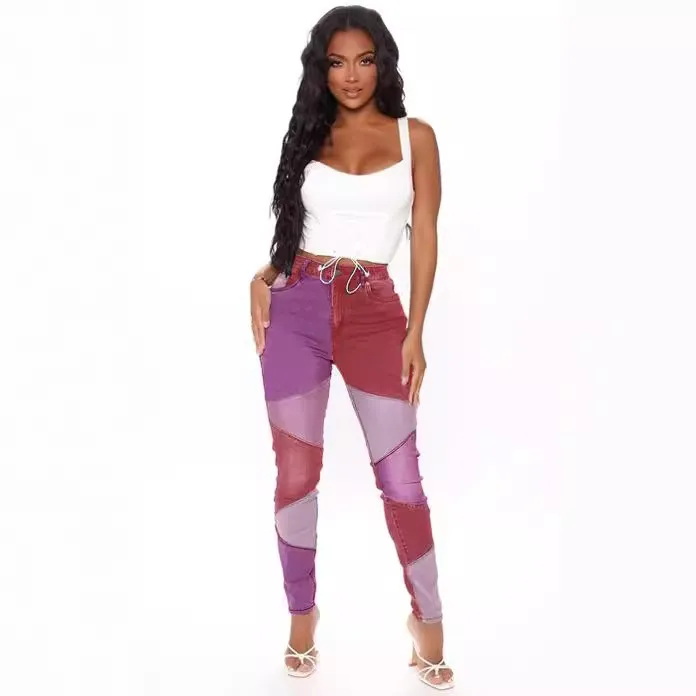 Plus Size Women's Jeans High Waist Denim Pants Patchwork Slim Fit Full Length Black And Grey Skinny Jeans with Contrast Woman view 4
