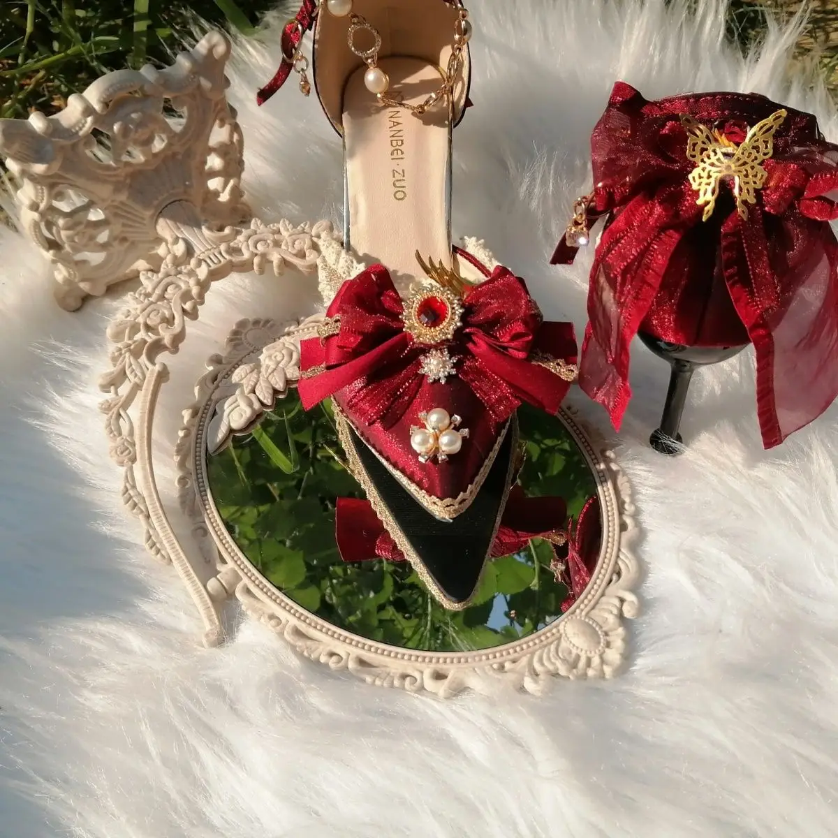 Lolita Wine Red Wedding Shoes Flower High Heels Women