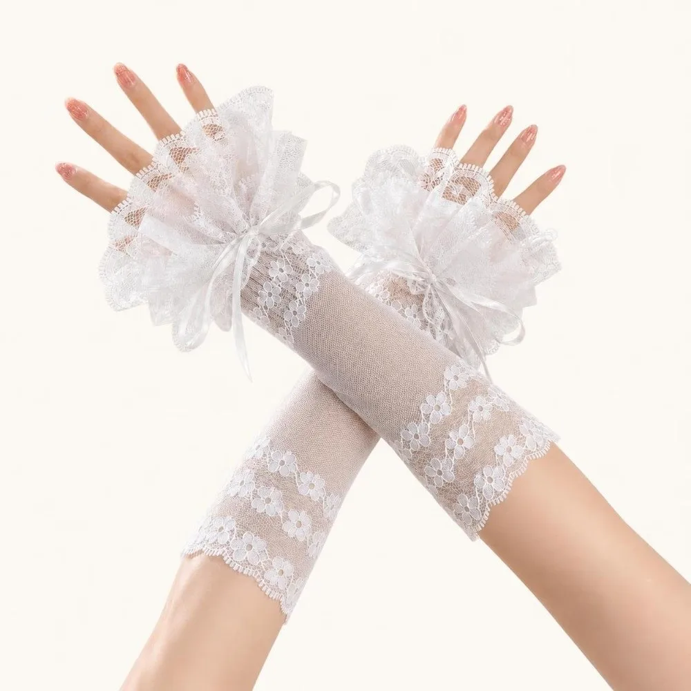 Ruffled Lace Women's Fingerless Gloves Elastic Band Ribbon Tie Wrist Cuffs Floral Pattern Lolita Style Fake Sleeves Cosplay Use