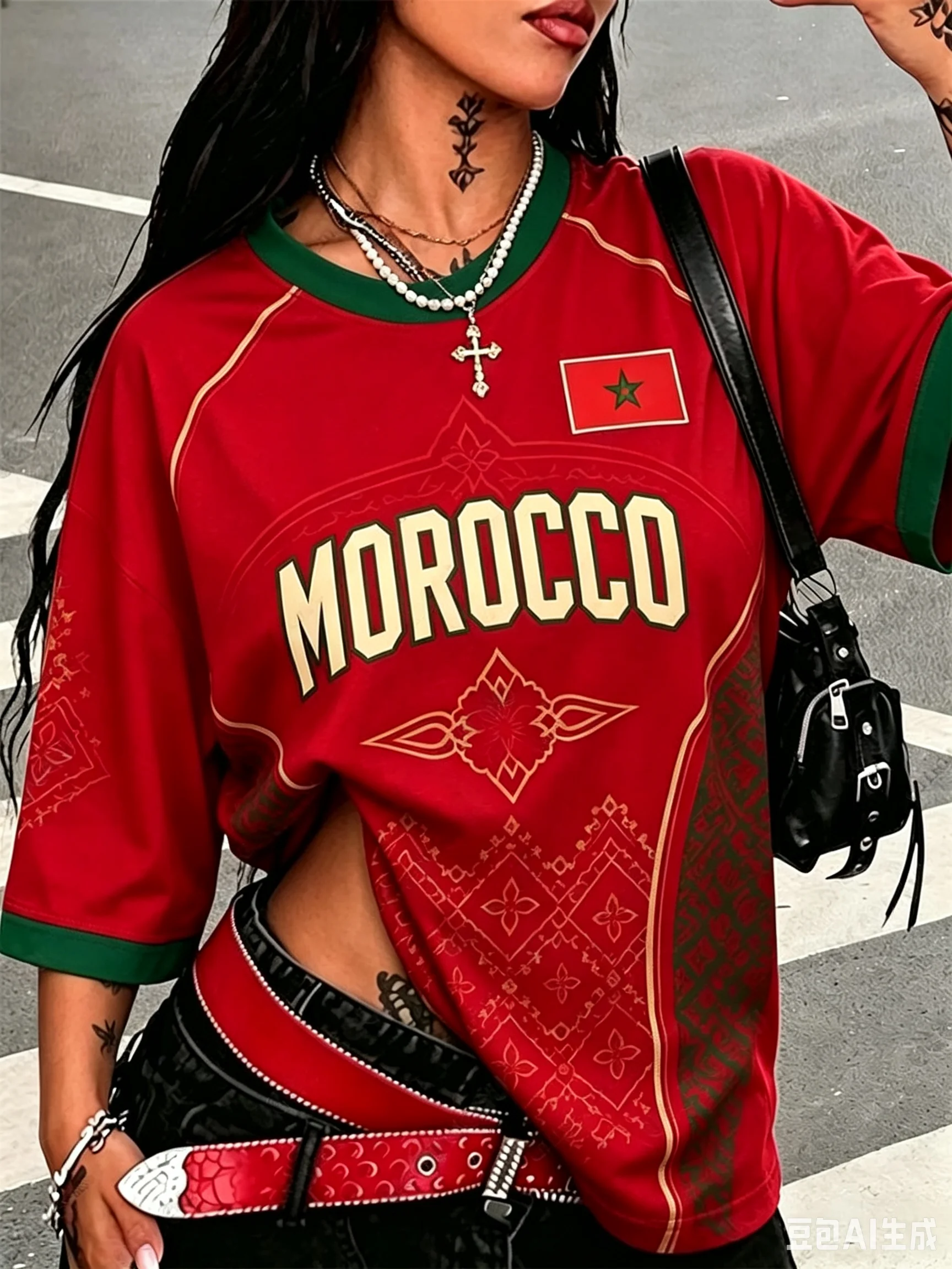 Summer New Vintage Morocco Print Women O-Neck Tops Patchwork Short Sleeve Sports Football Jersey Y2K Morocco Street Tops Fashion