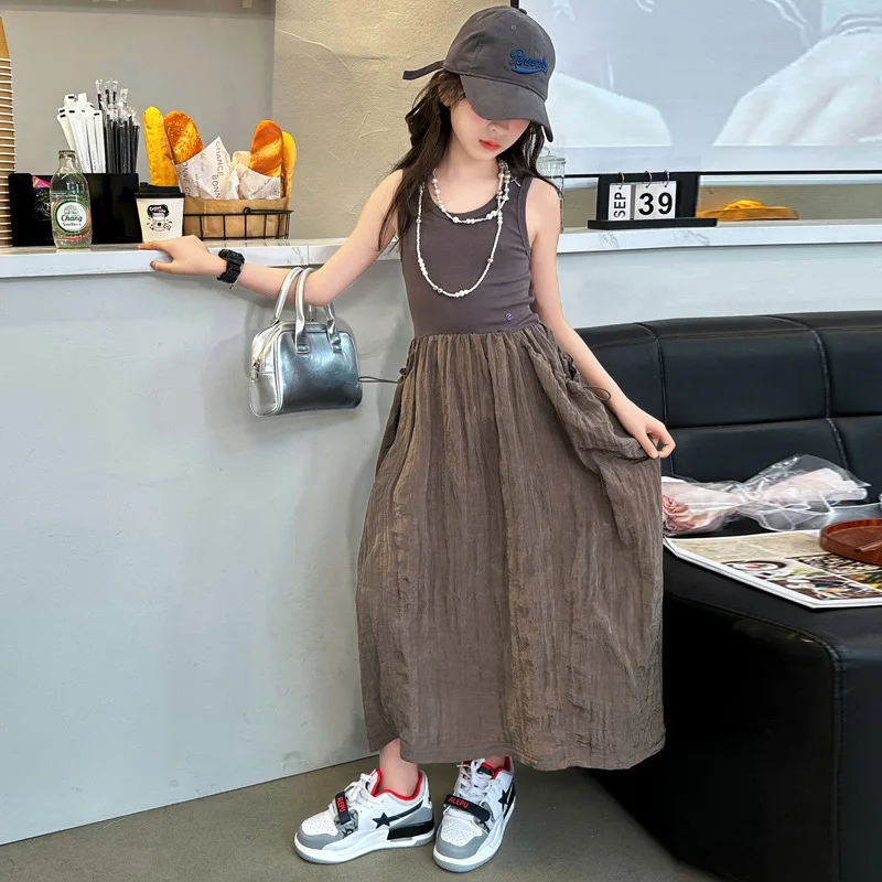 Girls Skirt Summer Sundress 2024 New Style Women Big Children Trend Dress Children Fashion Casual Slip Dress Simple Casual