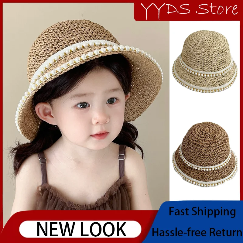 Summer Section Straw Beach Hat Children Double Pearl Fisherman Straw Hat Parent-child style Foldable Sun Bucket Hat