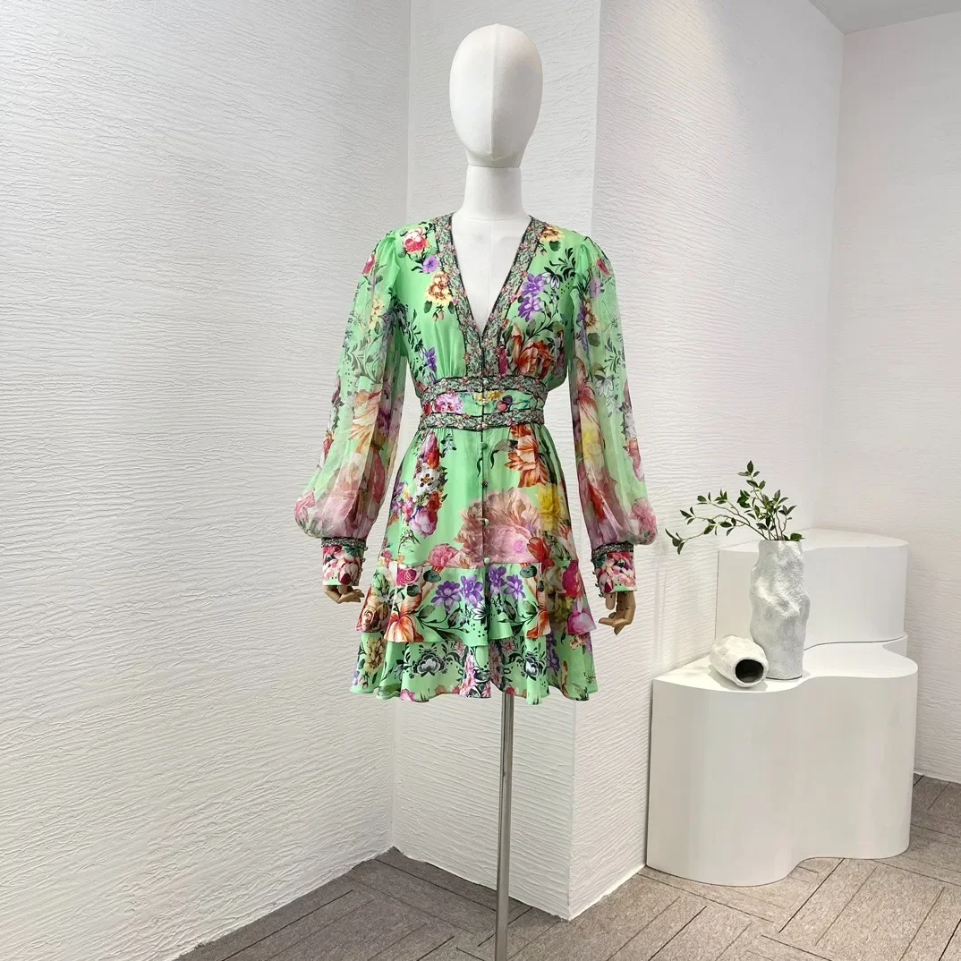 Silk Frill 2024 Re-tro Green Floral Print Long Lantern Sleeve Waist V-neck Diamonds Shirred High Quality Women Mini Dress