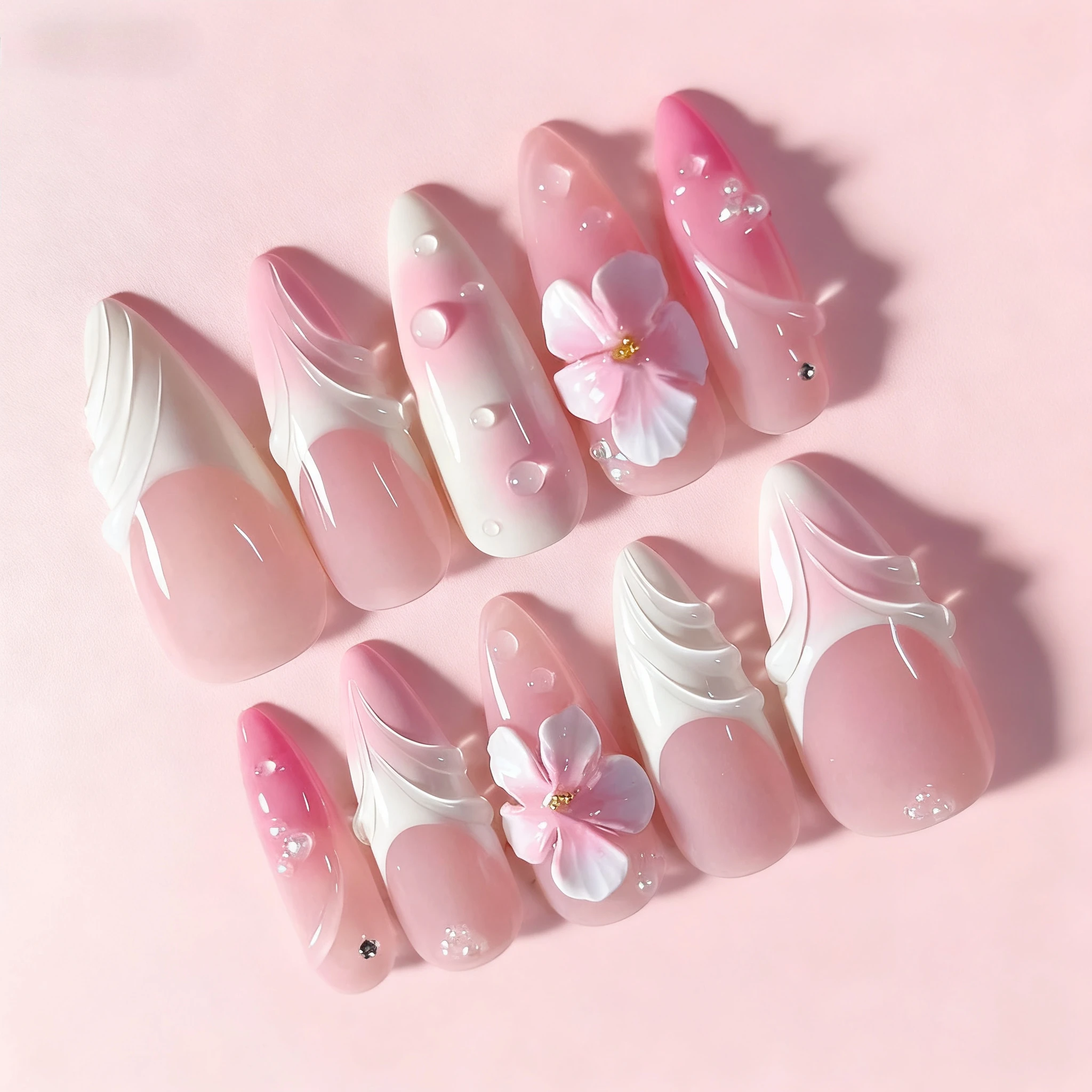

24 шт. миндальный пресс на ногтях 3D гель-капли цветы Французские водяные рябь с жемчужными деталями Fine Armor Высококачественные накладные ногти для женщин