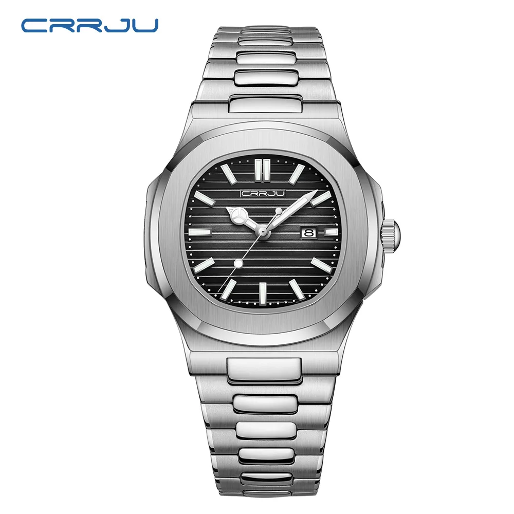 CRRJU New Watch For Men Luxury Brand Fashion Automatic Date Stainless Steel Quartz Wristwatch Business Luminous Pointer Watches