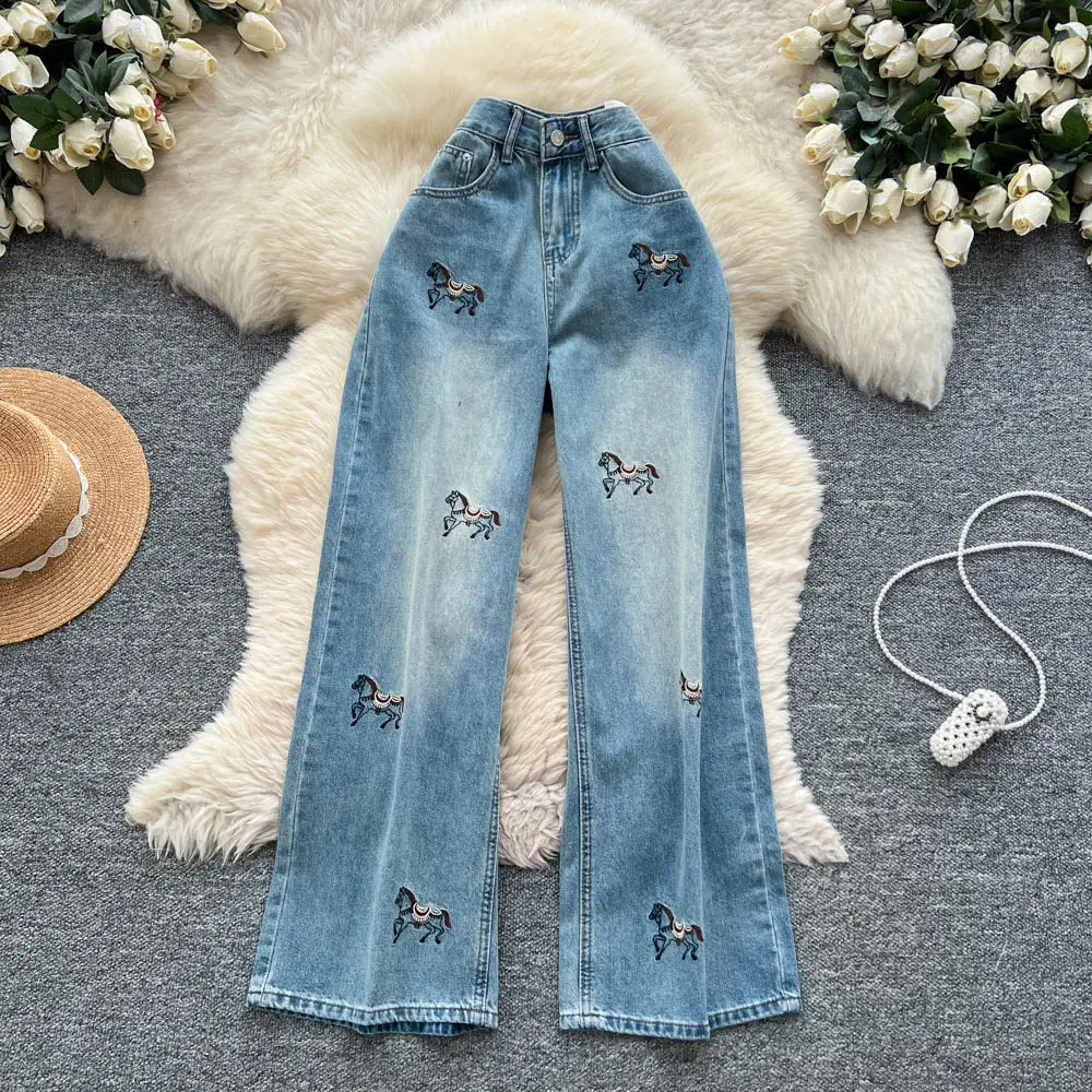 

Women Denim Jeans Solid Pants Embroidered Pocket Button Zipper Fly Empire Waist Full Length Straight Pants Casual 2026 Spring