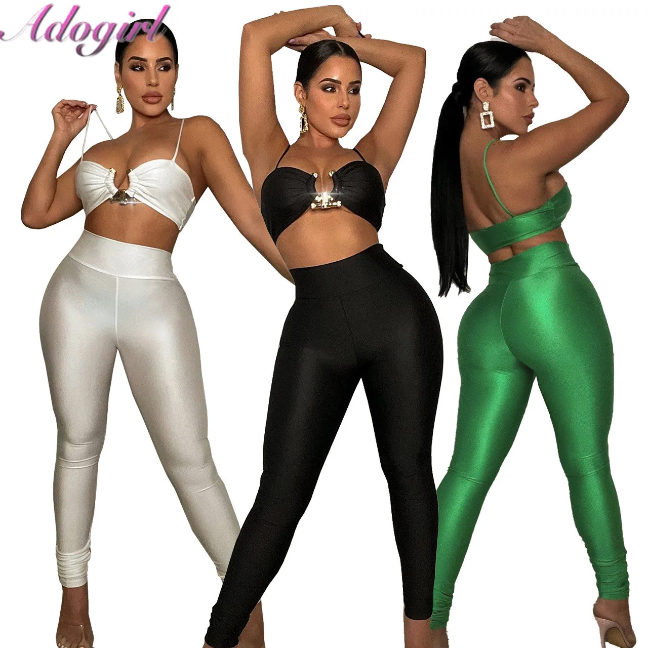 

Fitness Sexy Two Piece Set Women Workout Tracksuit Solid Metal Ring Spaghetti Straps Crop Tops Joggers Pants Outfit Summer Suits