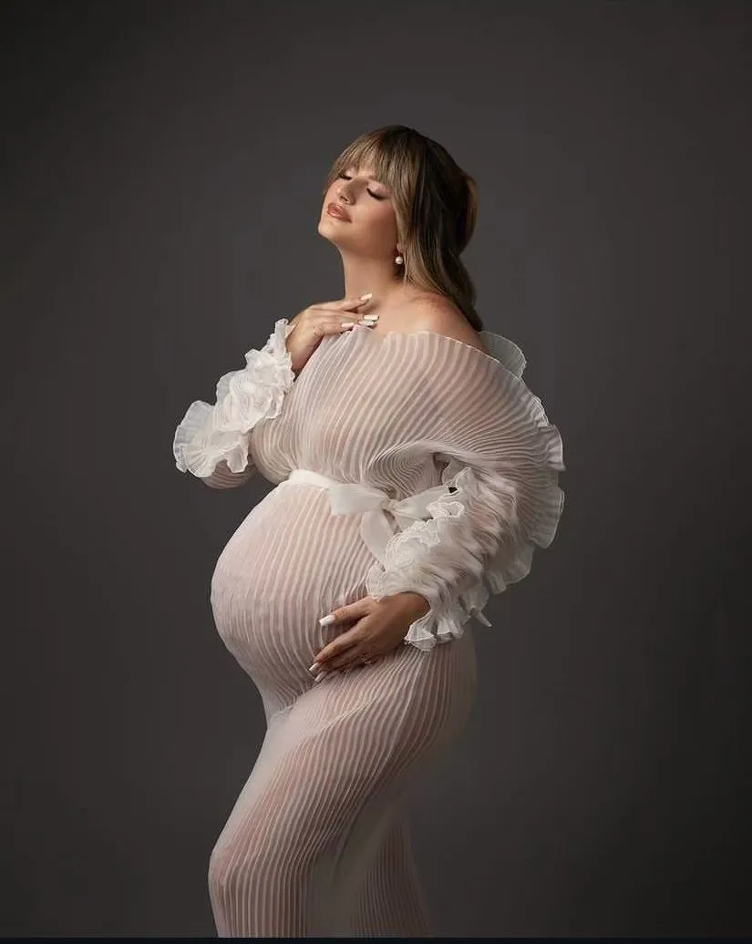 فساتين للحمل التقطت الصور منتفخ الأكمام قبالة الكتف مطوي طويل الأمومة التصوير فستان النساء الحوامل ماكسي العباءات شير