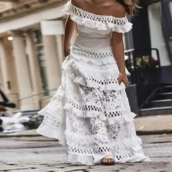 Vintage Elegant Women's Long Dress White Lace Dress Off Shoulder Lotus Leaf Hollow Summer Retro Party Big Loose Swing Dresses