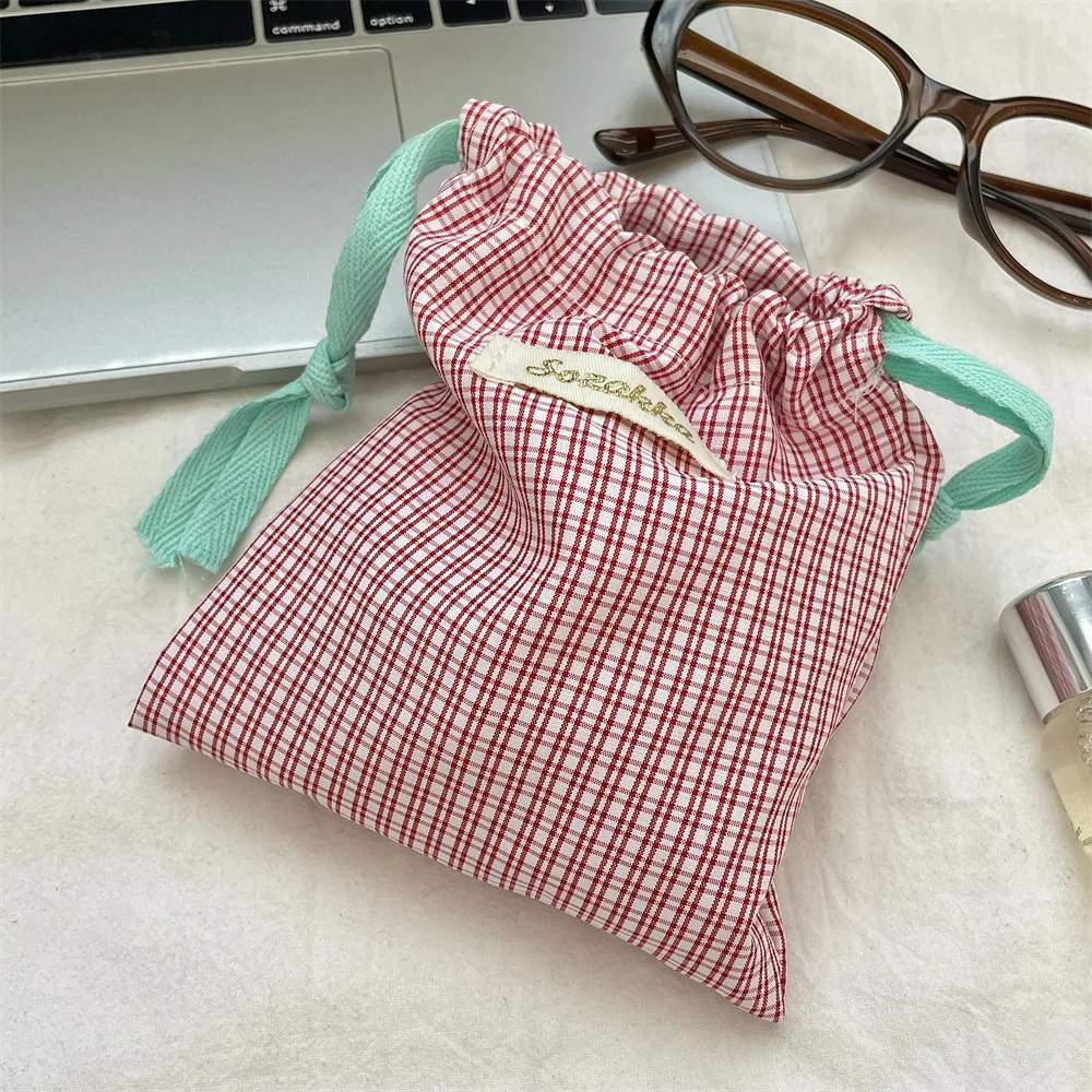 Candy Organizer Bag Korean Plaid Drawstring Bag Makeup Bag Drawstring Cosmetics Storage Pouch For Handbag Travel School