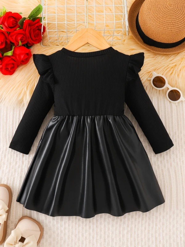 Spring/Autumn Baby Girls' Round-Neck Dress with Bow Decor and Leather Patchwork Long-Sleeved Casual Dress