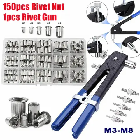 150PCS 알루미늄 플랫 헤드 스레드 리벳 너트 구색 M3/M4/M5/M6/M8 및 5PCS 너트 리벳 맨드릴이있는 1PCS 리벳 너트 건