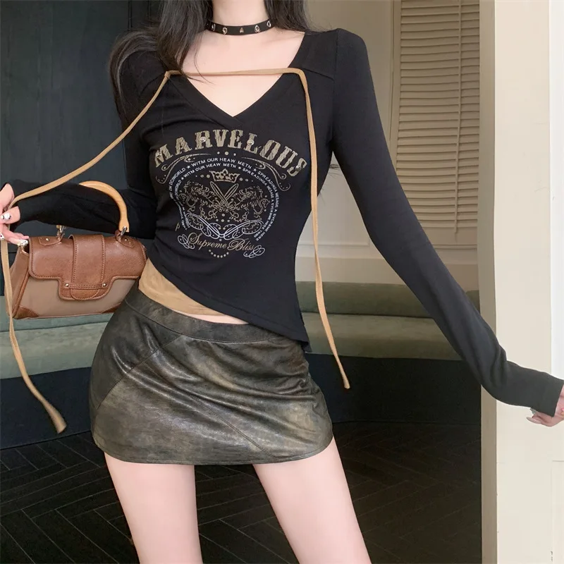 Korean style Slim fall tops sweet and cool fashion slim fit V-neck halter neck long-sleeved T-shirt one size Casual tops