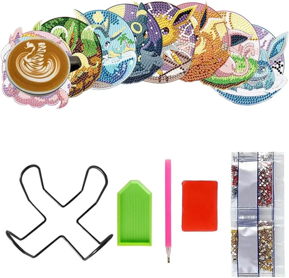 

8 Pcs Diamond Painting Coasters Set with Holder, DIY Craft Kit for Adults, Circular Coasters for Home Office Gifts