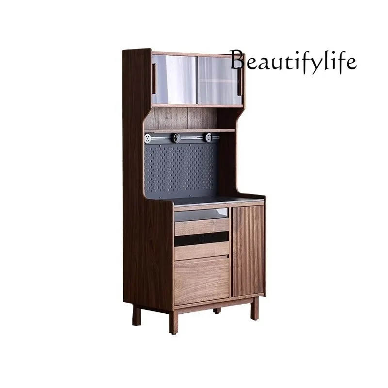 

Nordic solid wood retro dining side cabinet, black walnut rock slab integrated against the wall, light luxury locker