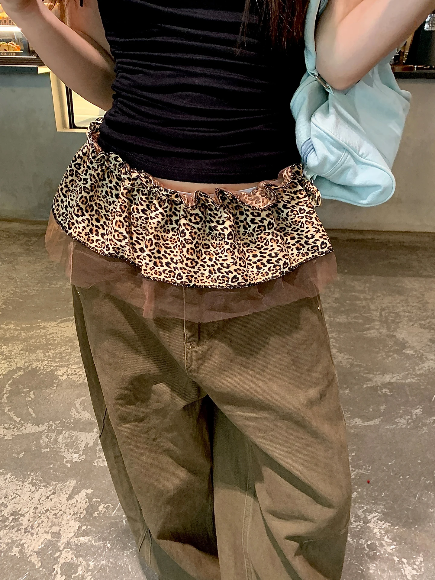 Retro American Spicy Leopard Print Waist Belted Short Skirt with Ruffle Netting Layered Youthful Casual Korean Style Half Skirt