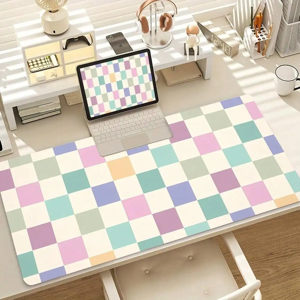 Pastel Checkered Desk& Mouse Pad- Non-Slip Rubber Base, Soft Pastel Pink//Mint/Beige/Lavender/Sage Green, -Stitched Durable Surface, Pastel Pink& Mint Checkered