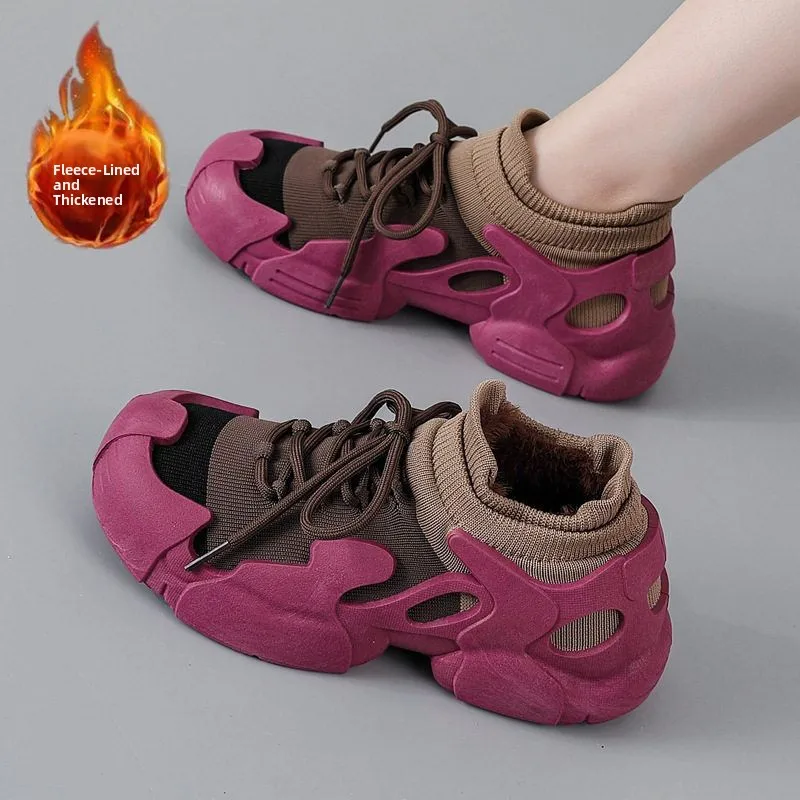 

Women's Winter Fleece Lined Running Shoes Breathable Knitted Casual Climbing Cotton Shoes Anti Slip Thick Bottom Sports Sneakers
