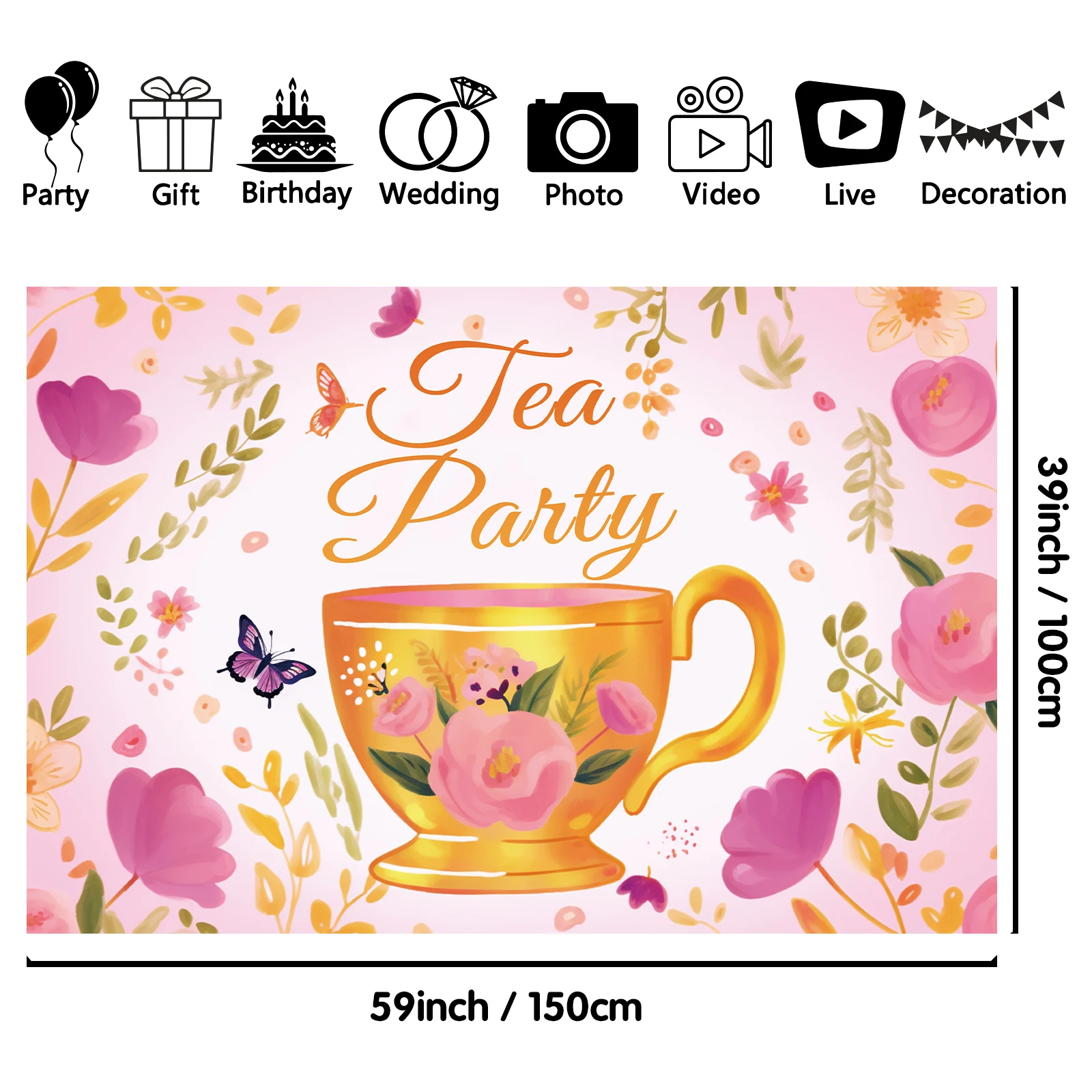 1PCS 100x150cm Tea Party(9) Theme Backdrop,Photography Background,Used To Gifts,Activities Or Other Party Decoration