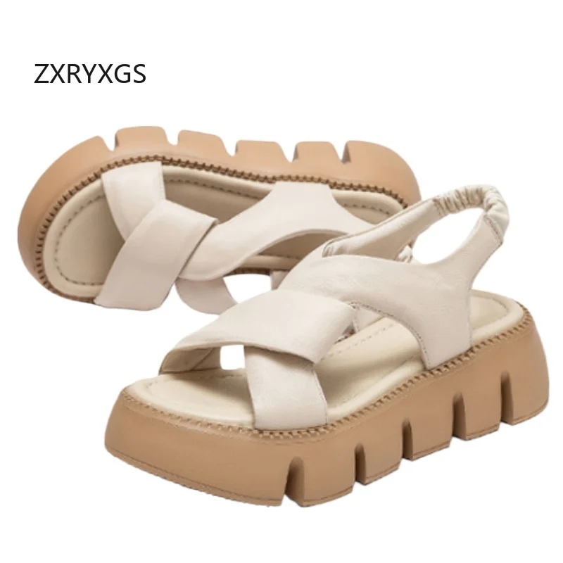 

ZXRYXGS 2026 New Summer Top Cowhide Real Leather Shoes Women Roman Sandals Platform Height Increase Sandals Wedges Mid Heels