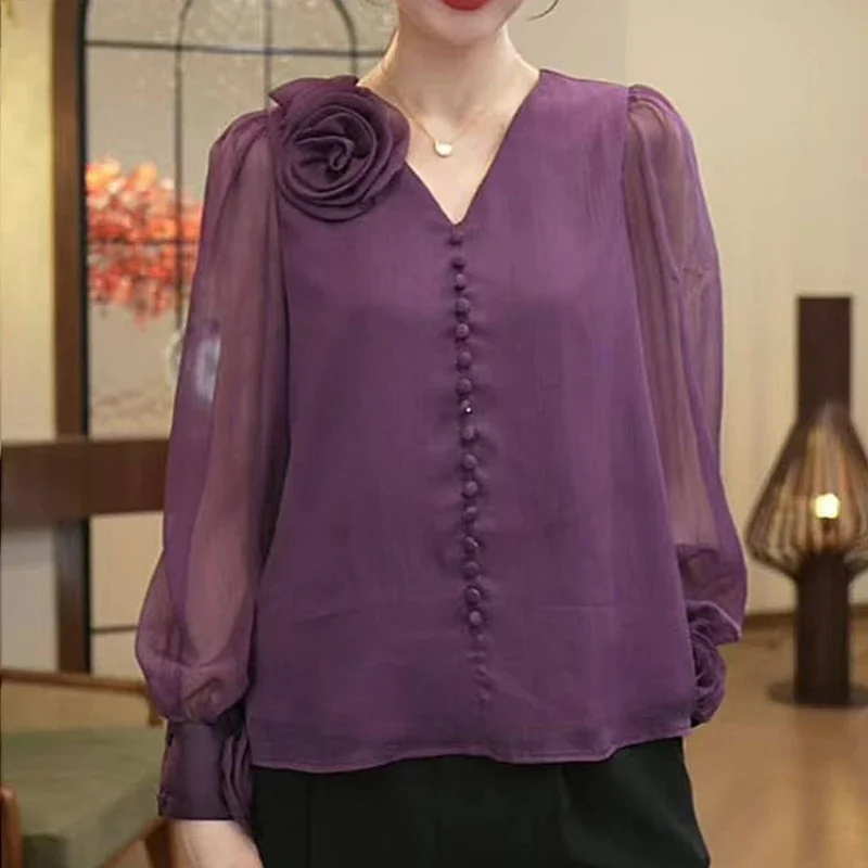 Women Trendy 3D Flower Design Luxury Chic Shirt Office Lady Elegant Commute Blouse Spring Summer Solid V Neck Long Sleeve Tops