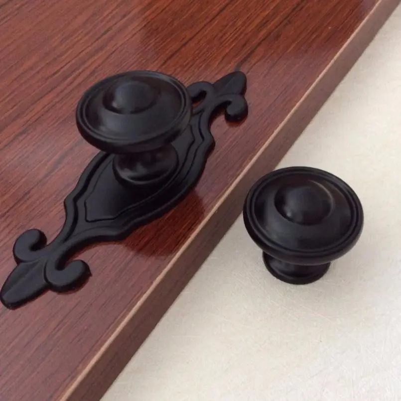 Vintage Kitchen Cabinet Handles with Back Plate Black Dresser Drawer Round Knobs Antique Cupboard Door Pulls Zinc Alloy Handle
