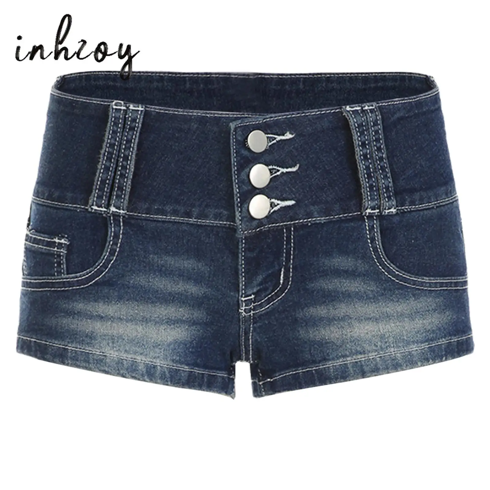 

Womens Low Rise Hot Pants 3-buttons Waist Small Pockets Denim Short Pants Slim-fit Booty Shorts for Holiday Fashion Clubwear