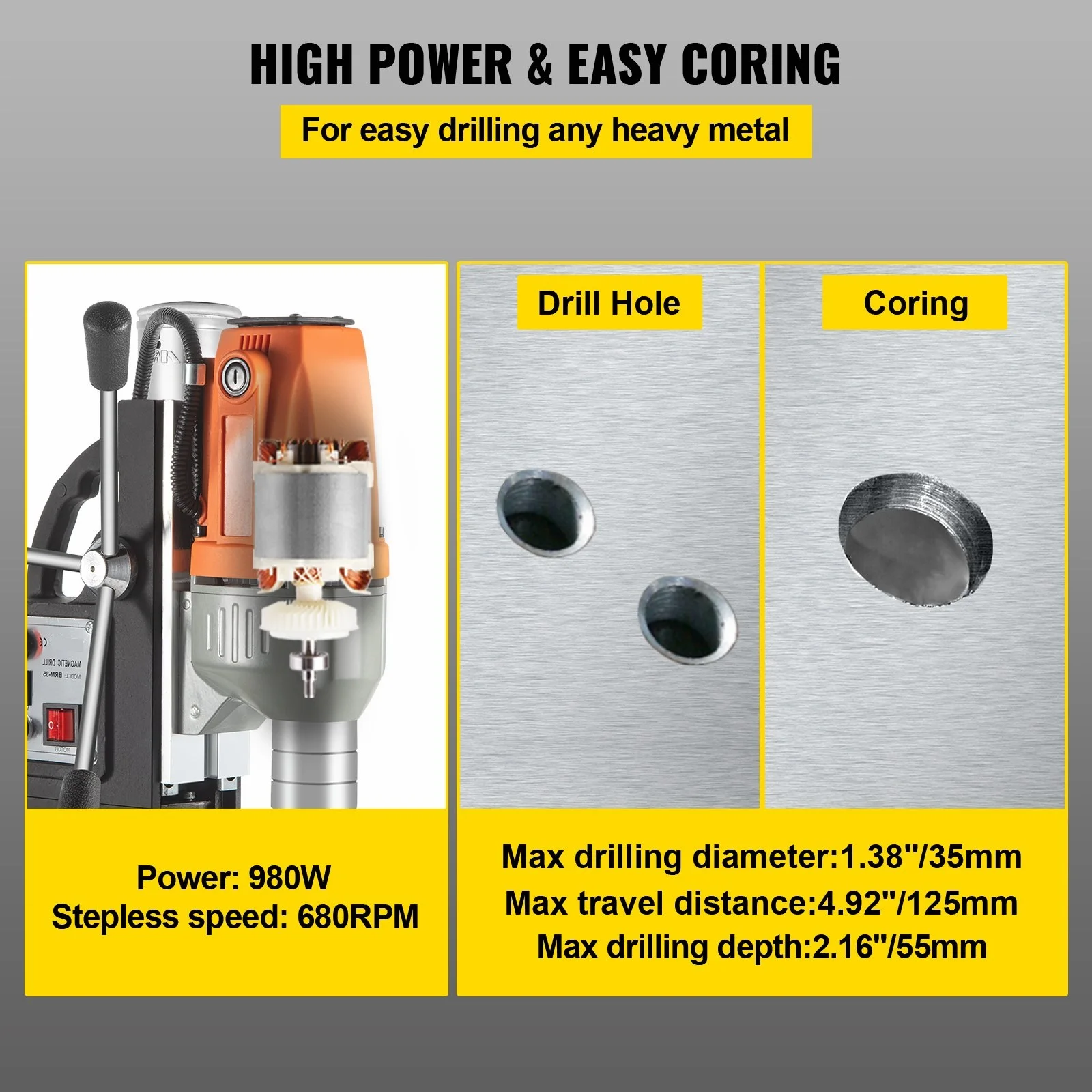 980W Magnetic Drill Press 35mm Boring Diameter Magnetic Drill Press Machine 10000 N Magnetic Force Magnetic Drilling System