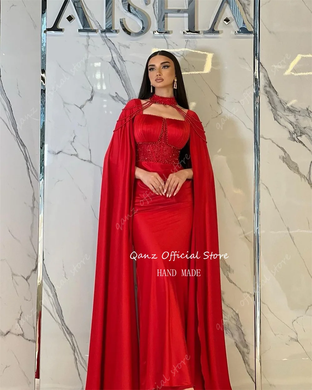 Qanz Arabische Saudi-Kleider für formelle Anlässe, roter Satin, Meerjungfrau, Abschlussball, Abendkleider, Neckholder, Abendkleider, Luxus,