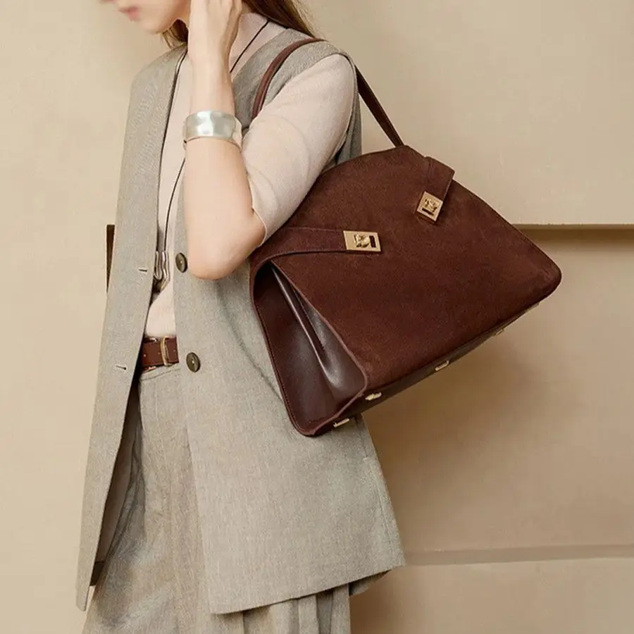

New Niche Luxury Matte Leather Large-capacity Cowhide Women's Handbag Brown Suede Tote Shoulder Bag Commuter Leisure Versatile