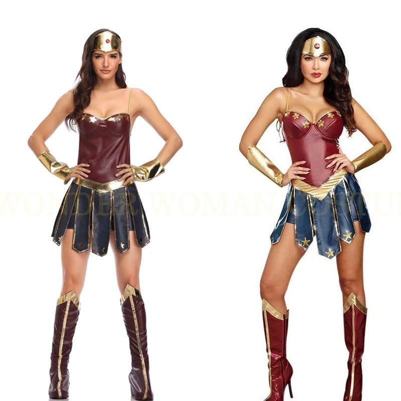 Women Warrior Costumes Roman Gladiator Party Role Play Adult Super Hero Leather Gem Decoration Cosplay Justice Wonder League  ﻿