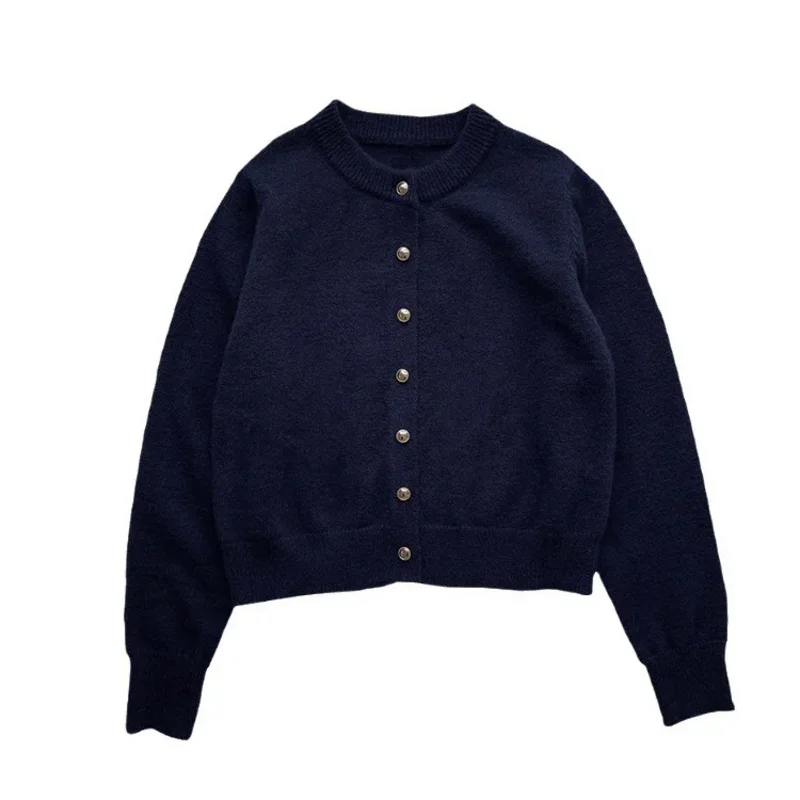 

Navy Blue Knitted Cardigan Women's Spring 2023 New Korean Loose Solid Color Round Neck Sweater Coat Top