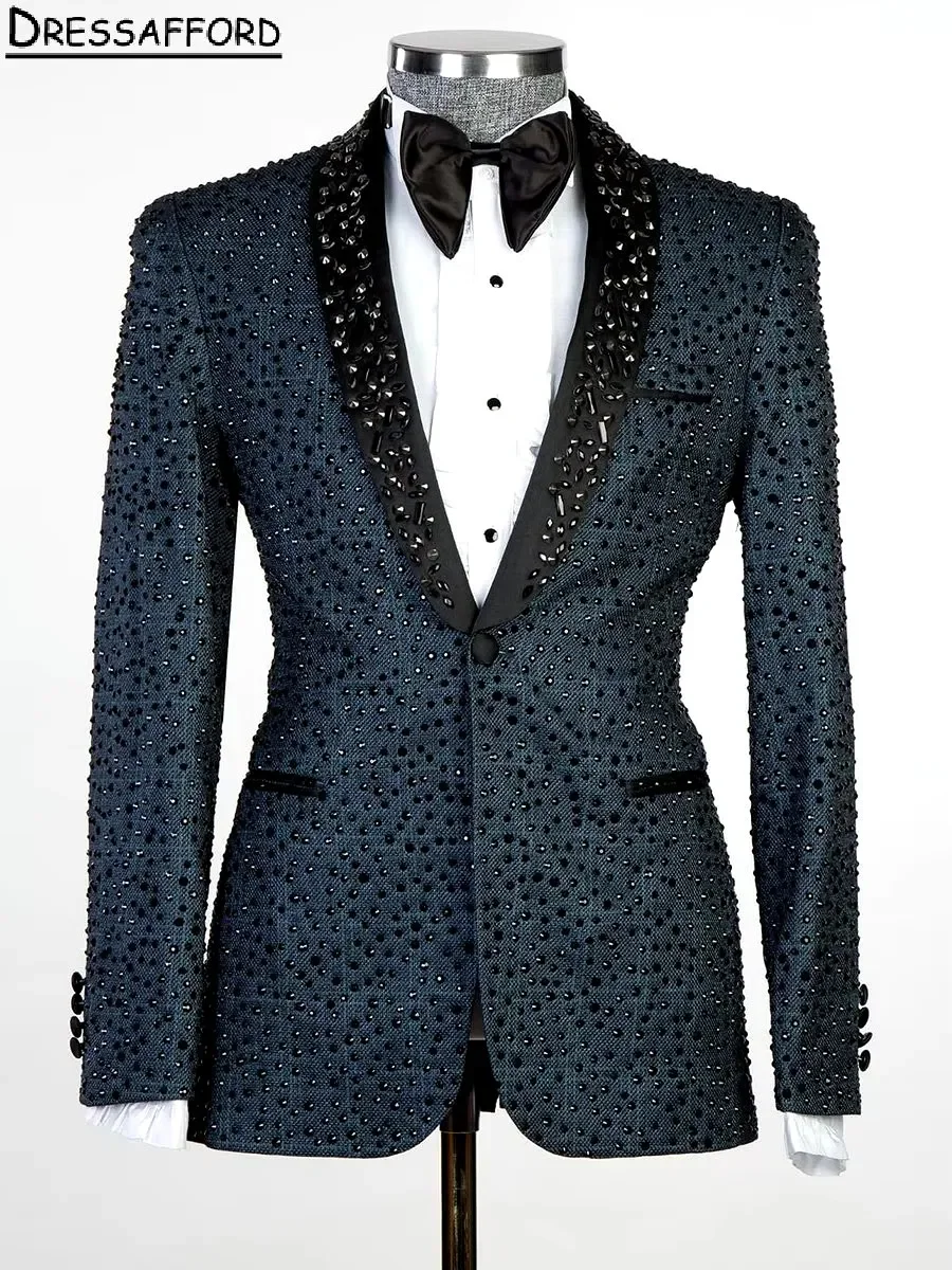 Blazer masculino com glitter de cristal, roupa do noivo, jaqueta e calça, roupas de festa noturna, 2 peças