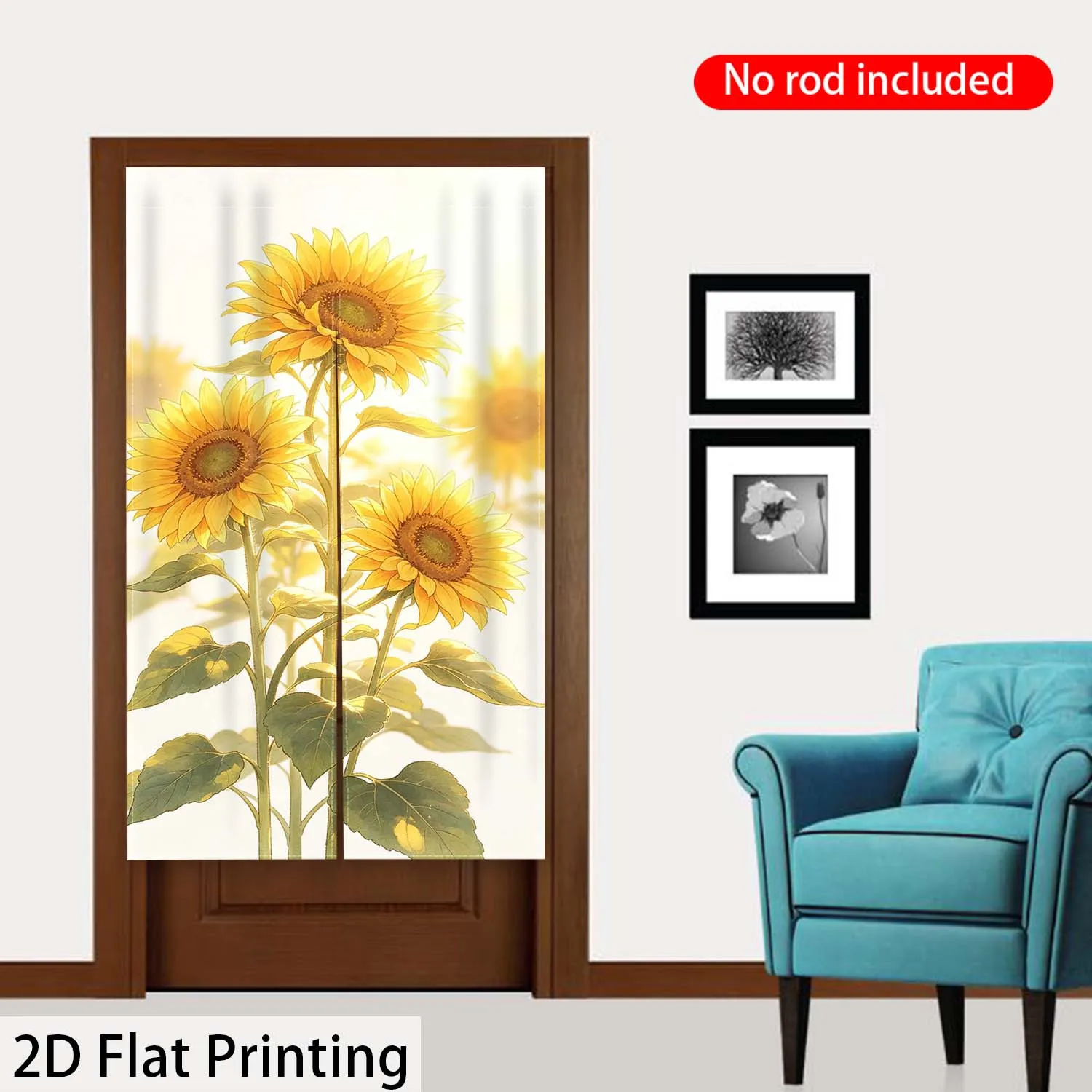 Blooming Sunflower Field Door Curtain - 2D Flat Print Rod Pocket Room Divider Partition Drape for Shop Living Room Bedroom