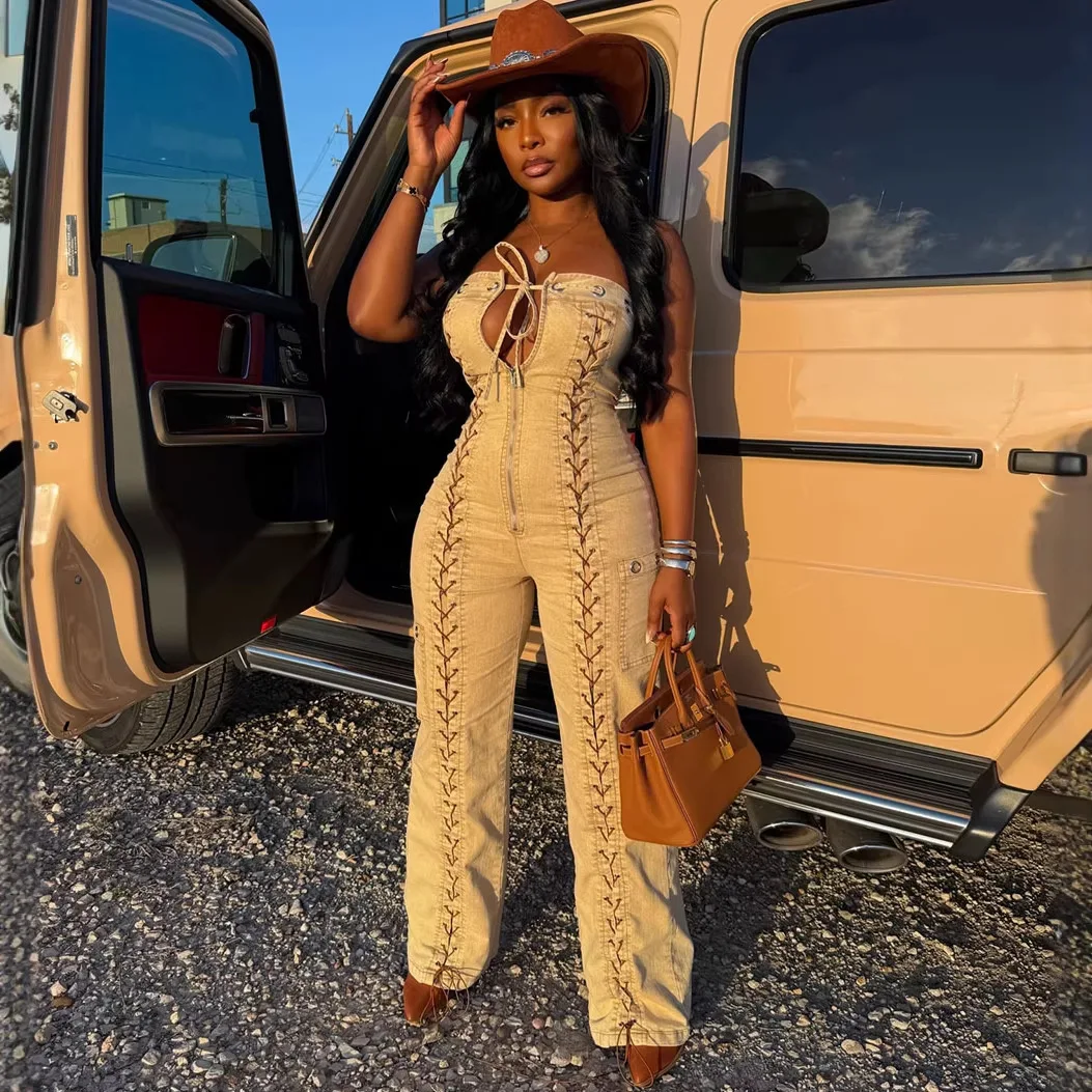

2026 Spring Summer New Women Fashion Desin Tube Top Jeans Jumpsuit Sexy Hot Girl Side Tie Dye Wash Overalls