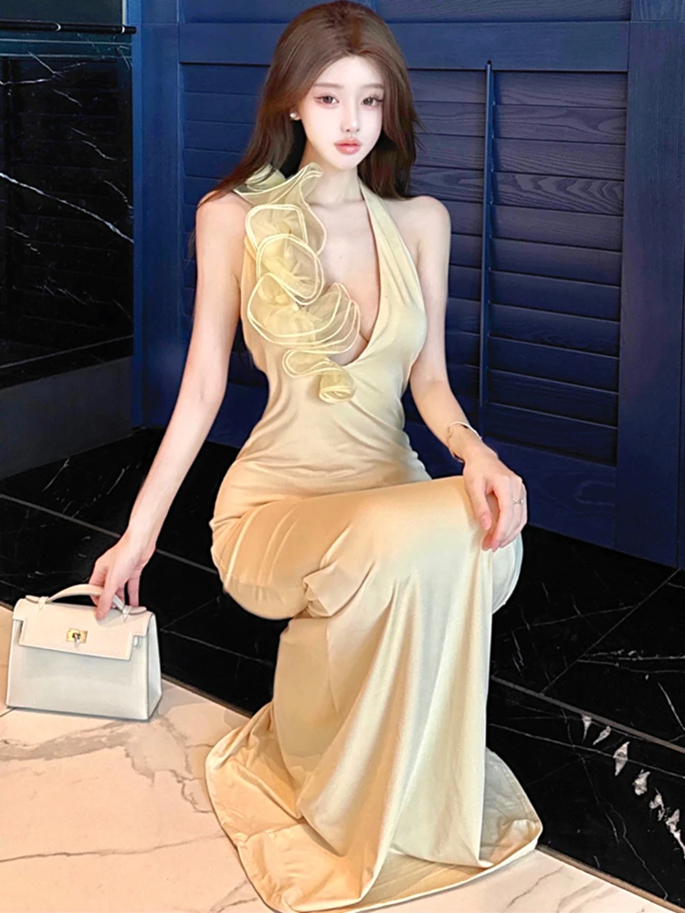 Women Solid Elegant Floral Neck-mounted Sexy Long Dress Summer Fashion Chic Casual Ruffled Dress 2025 Korean Bodycon Party Dress