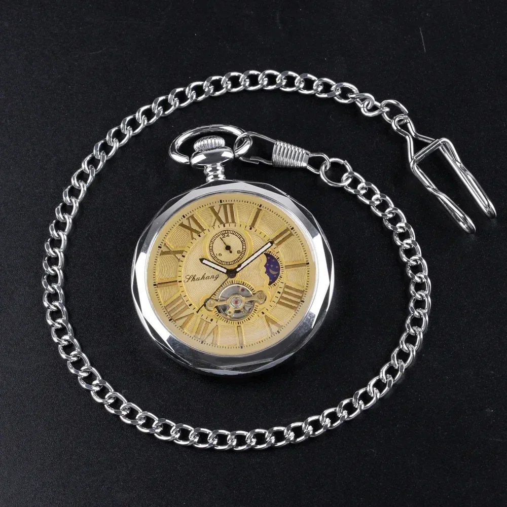 Reloj de bolsillo mecánico de lujo con fase lunar dorada sin cubierta, reloj de bolsillo con colgante antiguo Steampunk, regalos de alta calidad para hombres