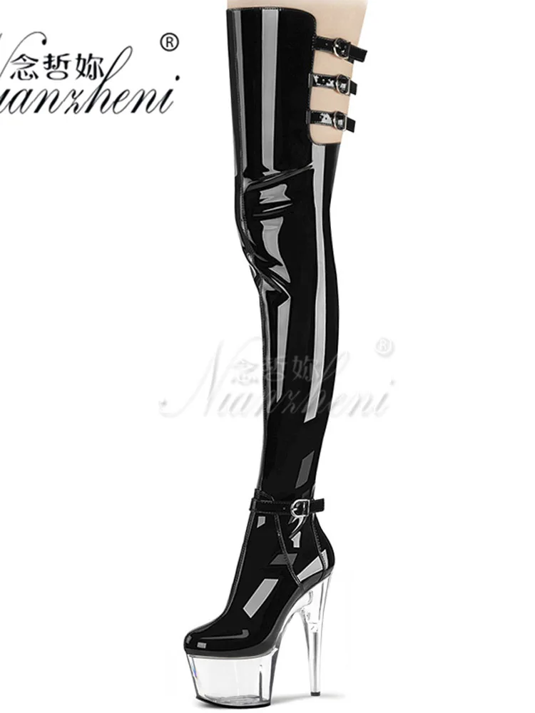 Crossdress Exotic Patent Leather Three-Piece Gothic Over The Knee Boots Women 15CM High Heeled 7 Inch Nightclub Strip Pole Dance