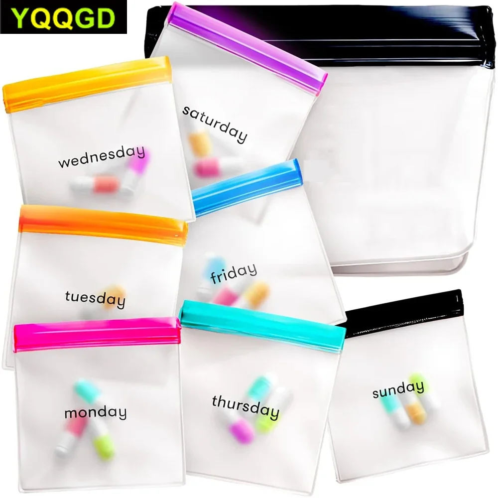 Pill Pouch Set,7 Mini Zip Pill Organizers,Large Reusable Travel Pill Container,Color-Coded Medicine Bags,Organize Pills