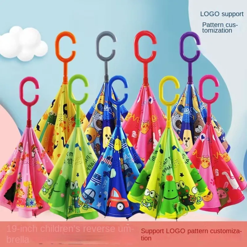 Double-Layer Reverse Umbrella for Children, Non-holding, Long-Handled, Cute Cartoon Rain and Sun, Primary School Students