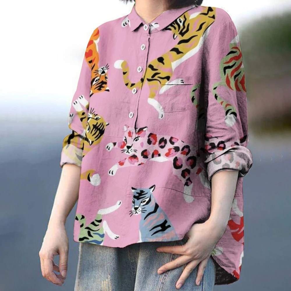 

Vibrant Tiger Print Blouse Playful Wild Fashion Animal Patterned Shirt Pink Tigers Print Shirt Casual Artistic Printed Blouse